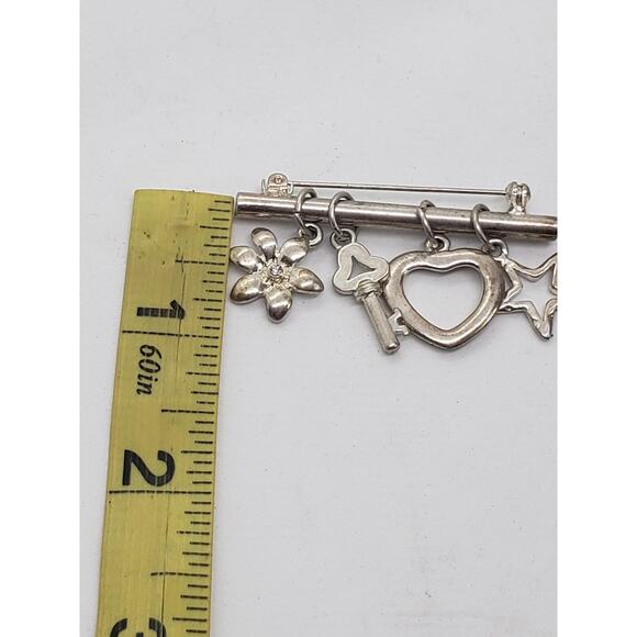 Vtg Silver Tone Charm Brooch Pin Flower Rhinestone Key Heart Star Dangle Costume - Picture 5 of 10